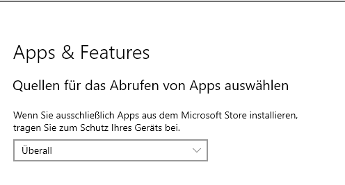 Windows 10 system settings showing 'Apps & Features' with an option 'Choose where to get apps' set to 'Anywhere'.