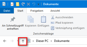File explorer window with 'Dokumente' tab active. A red box highlights the 'Up' navigation button indicating the action to go up one level in the directory.