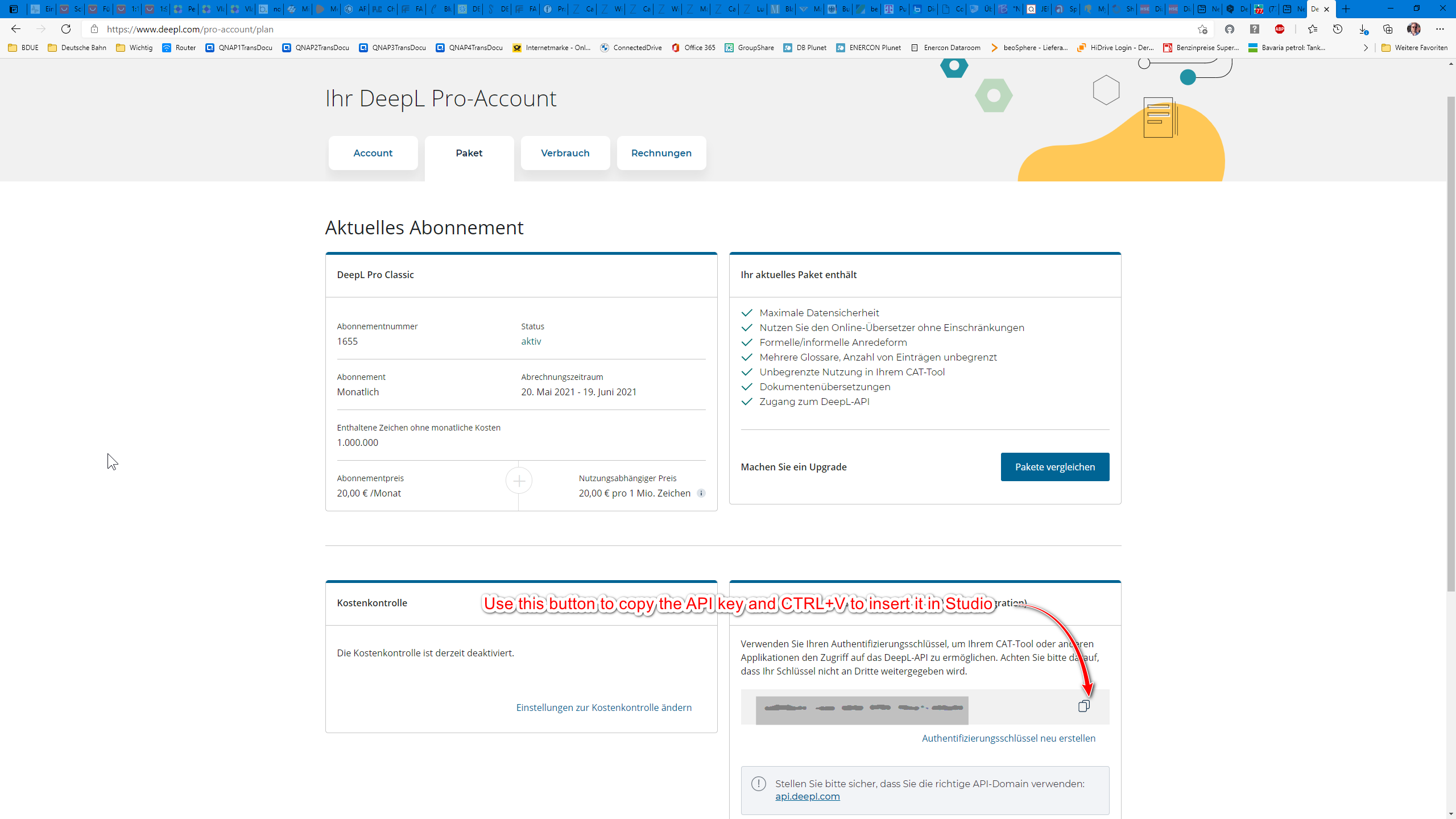 Screenshot of Deepl Pro Account page with a highlighted button to copy the API key and a note instructing to paste it in Trados Studio.