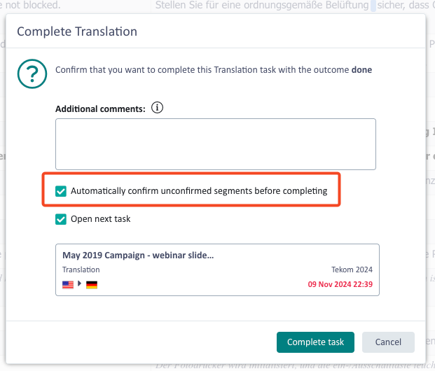 Screenshot of the 'Complete Translation' dialog in Trados Enterprise. Highlighted checkbox reads 'Automatically confirm unconfirmed segments before completing.' Options include 'Complete task' and 'Cancel.'