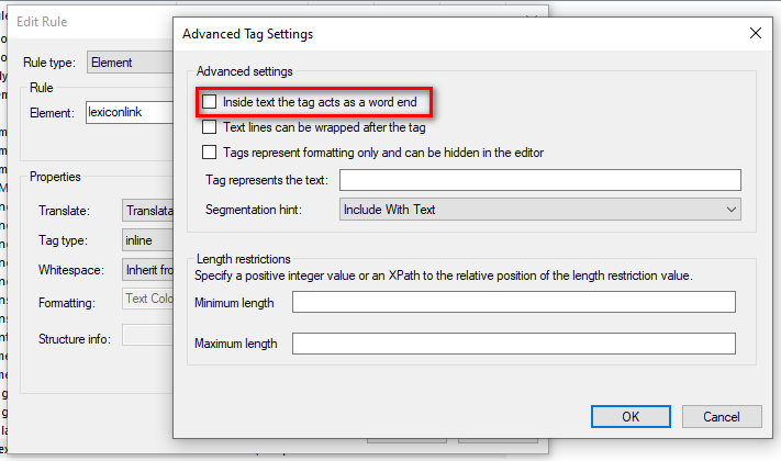 Advanced Tag Settings dialog box with 'Inside text the tag acts as a word end' option checked.