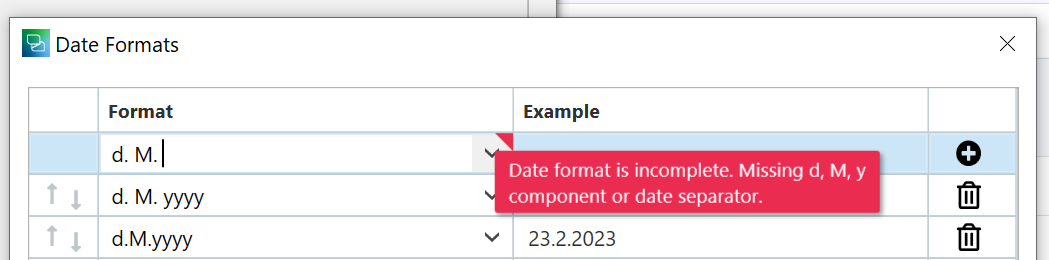 Trados Studio Ideas error message 'Date format is incomplete. Missing d, M, y component or date separator' displayed next to the date format input field showing 'd. M.'