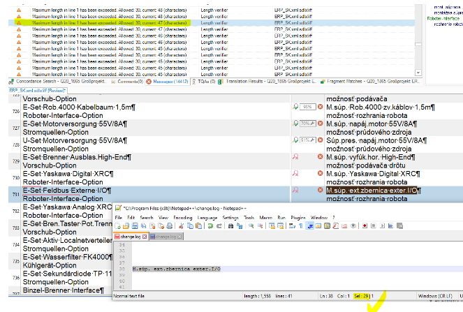 Screenshot of Trados Studio Ideas with a verification error highlighted in yellow, showing the correct number of characters in a segment line marked as 82, but the maximum length allowed is 80 characters.