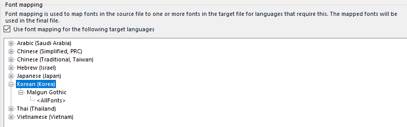 Font mapping settings in Trados Studio showing 'Use font mapping for the following target languages' with Korean (Korea) selected and Malgun Gothic mapped to all source fonts.