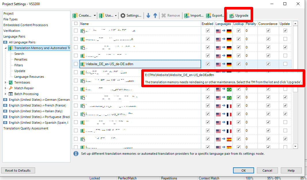 Project settings window showing Translation Memory and Automated Translation section. Upgrade button is highlighted but greyed out. A TM file is selected with a message about reindexing.