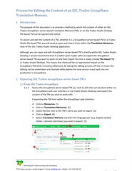 Screenshot of a PDF guide titled 'Process for Editing the Content of an SDL Trados GroupShare Translation Memory' with step-by-step instructions and a highlighted section on opening SDL Trados Studio GroupShare TM view.