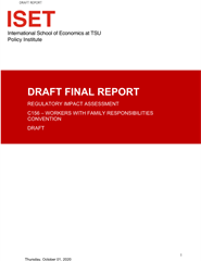 Screenshot of a draft final report cover page with the title 'Regulatory Impact Assessment: Collaboration with Family Responsibilities Convention' from ISET Policy Institute.