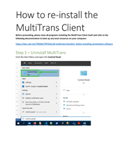 PDF guide titled 'How to re-install the MultiTrans Client' with step 1 showing uninstall process through Windows Control Panel.
