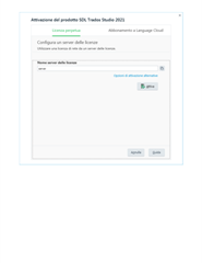 Activation of SDL Trados Studio 2021 product showing a dialog box for configuring a server address in SDL Language Cloud.