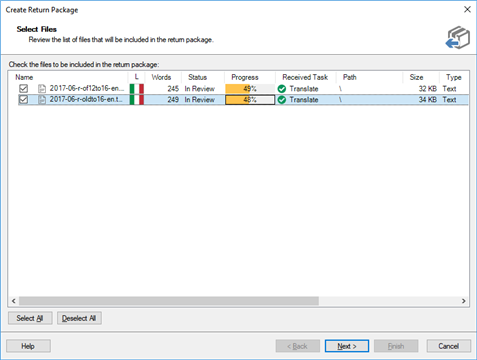 Create Return Package window in Trados Studio showing a list of files with columns for Name, ID, Words, Status, Progress, Received Task, Path, Size, and Type.