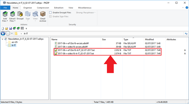 PKZIP application window with a list of files including two highlighted text files named '2017-06-01f2b6-en-it-00-2017.txt' and '2017-06-01f2b6-it-IT-00-2017.txt'.