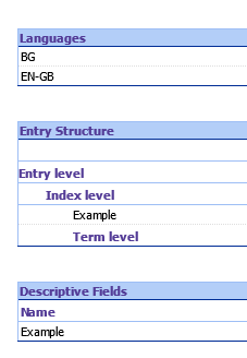 Trados Studio interface identical to first screenshot, showing languages BG and EN-GB, with entry structure highlighting 'Example' under 'Index level'.