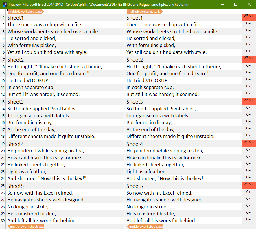 Screeshot showing a preview of the Excel file with content from five worksheets showing.