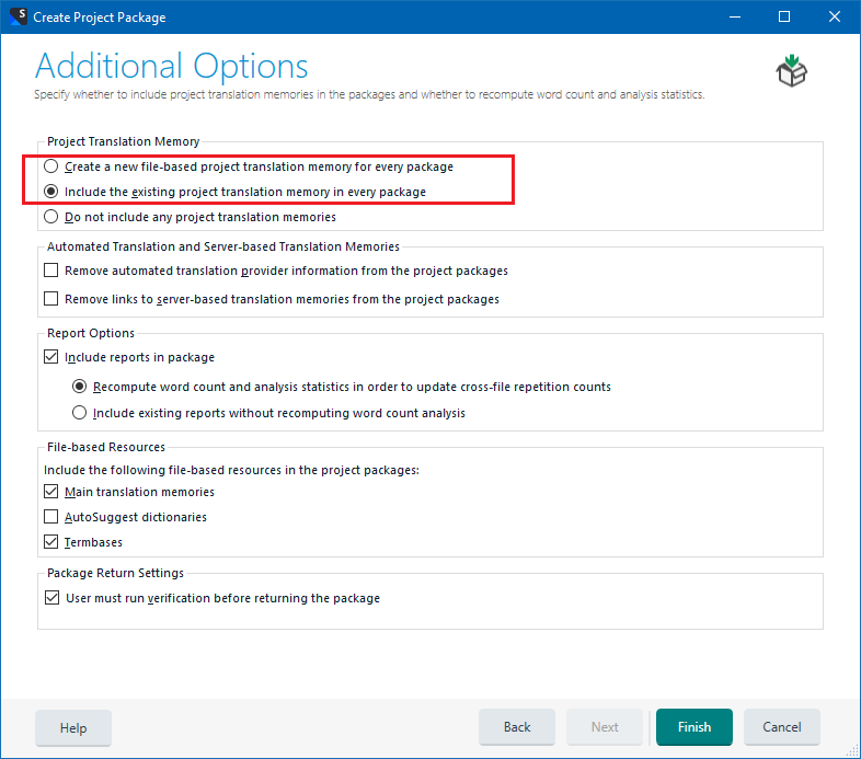 Create Project Package dialog box - step Additional Options