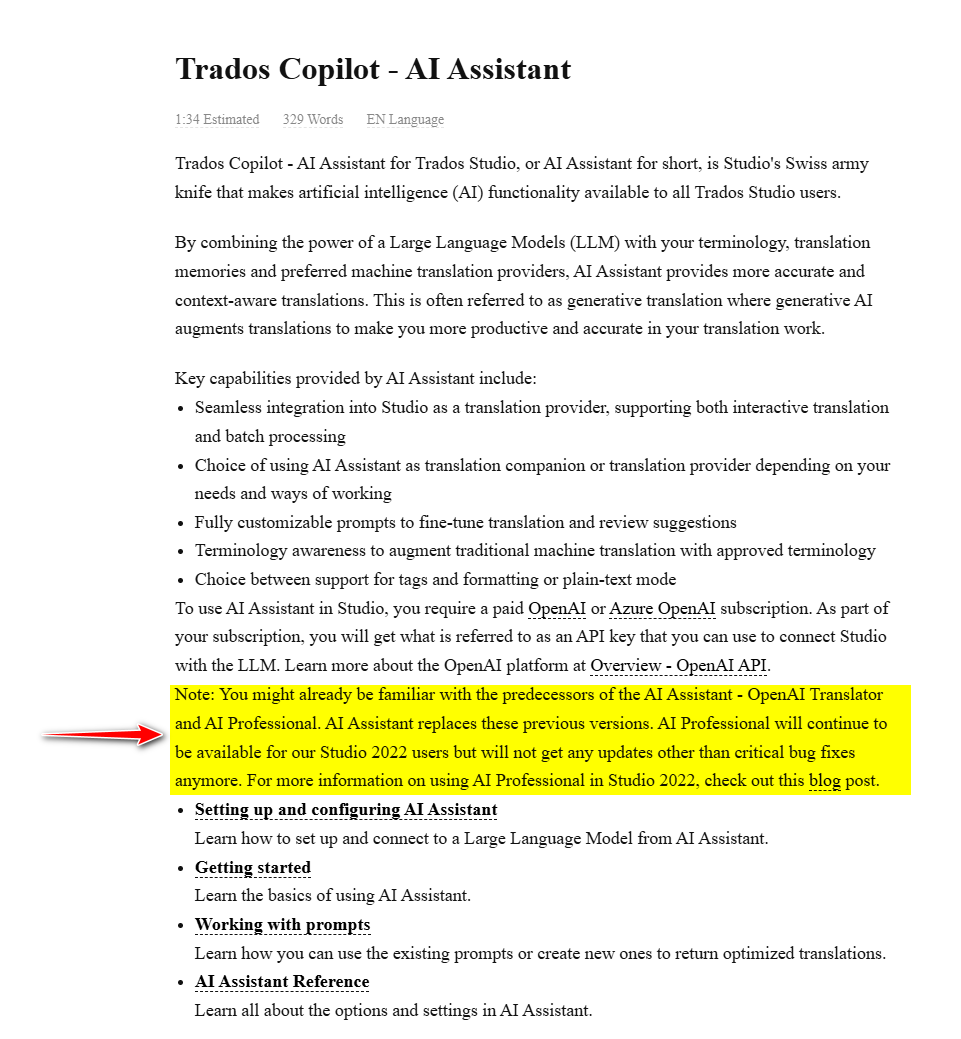 Screenshot of a Trados Copilot - AI Assistant webpage with a highlighted note stating that AI Professional will continue to be available for Studio 2022 users but will not receive updates other than critical bug fixes.