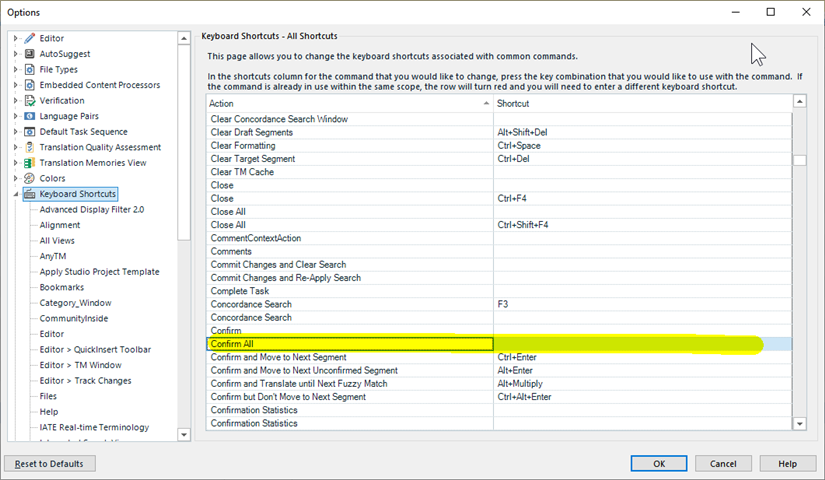 Screenshot of Trados Studio Options showing Keyboard Shortcuts with 'Confirm' action highlighted, indicating Ctrl+Enter as the shortcut.