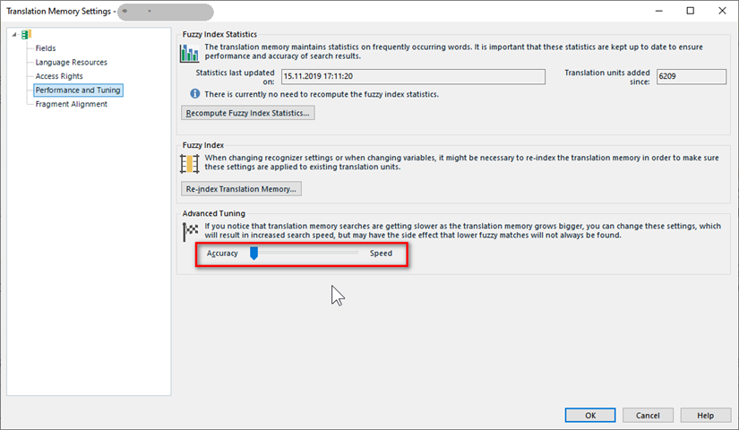 Trados Studio Translation Memory Settings window showing options for Fuzzy Index Statistics, Fuzzy Index, and Advanced Tuning with a slider between Accuracy and Speed.