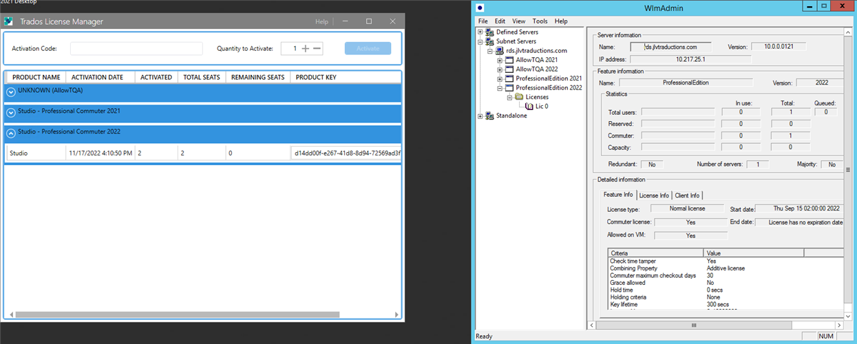 Trados License Manager showing 2 activated licenses for 'Studio - Professional Commuter 2022' with 0 remaining seats.