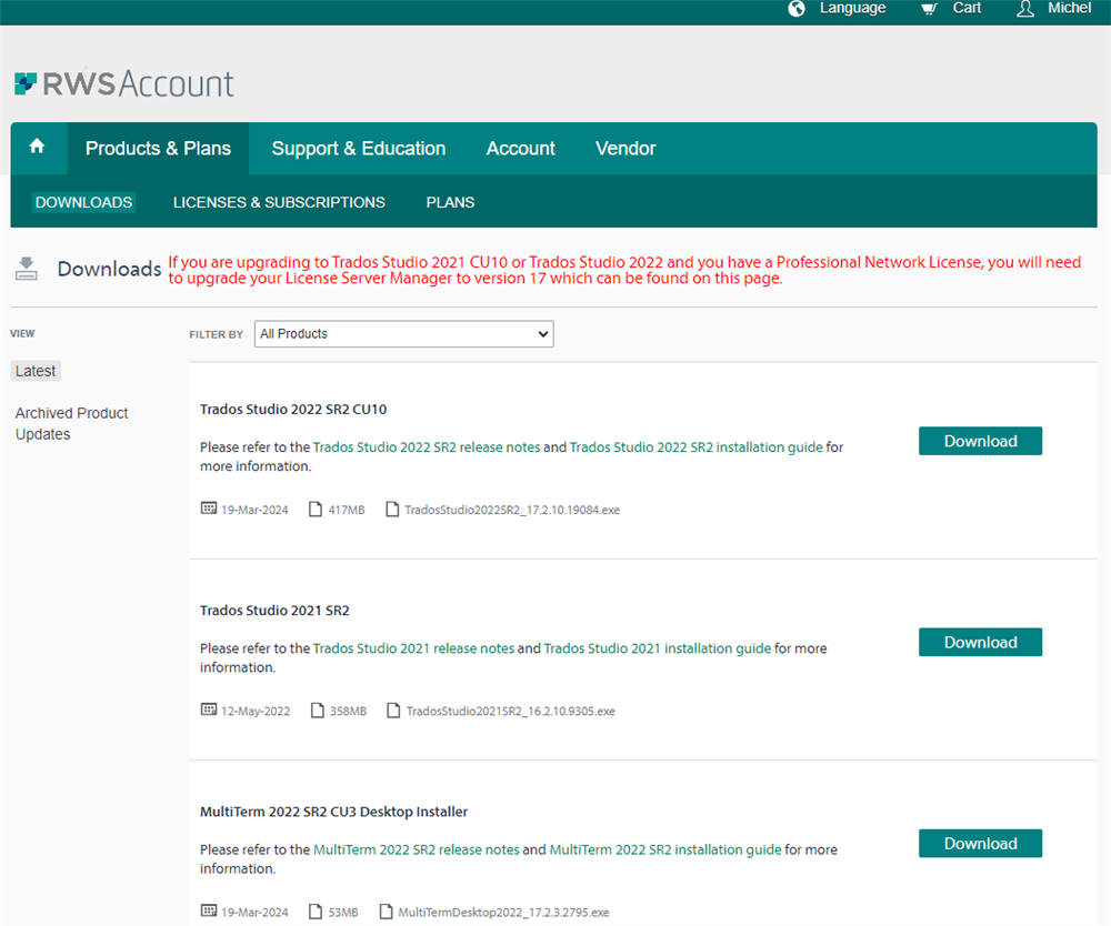 RWS Account webpage showing Downloads section with options for Trados Studio 2022 SR2 CU10, Trados Studio 2021 SR2, and MultiTerm 2022 SR2 CU3 available for download.