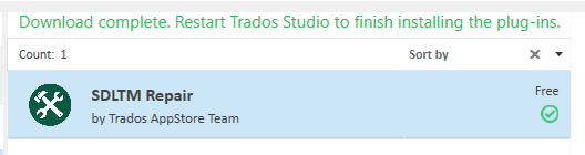 Notification in Trados Studio indicating 'Download complete. Restart Trados Studio to finish installing the plug-ins.' with SDLTM Repair listed.