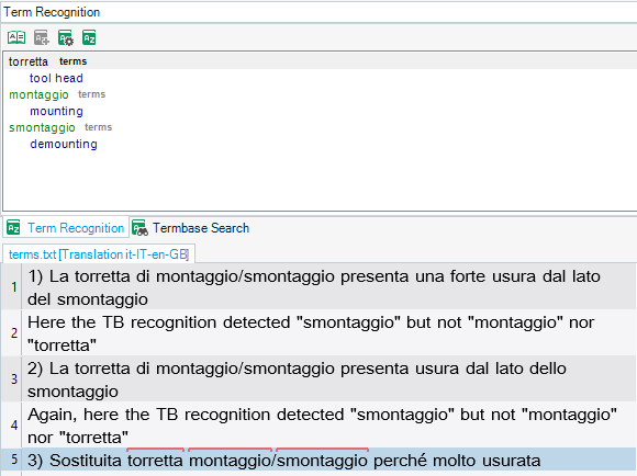 Screenshot of Trados Studio where Term Recognition panel correctly highlights 'smontaggio', 'montaggio', and 'torretta' in the text.