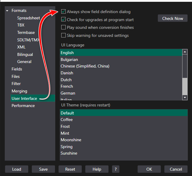 Screenshot of MultiTerm software settings with Formats category selected, showing options for Spreadsheet, TBX, Termbase, SDLTMTMX, XML, and others. A red arrow points to the 'Reset' button. Options for 'Always show field definition dialog' and UI Language selection are visible.