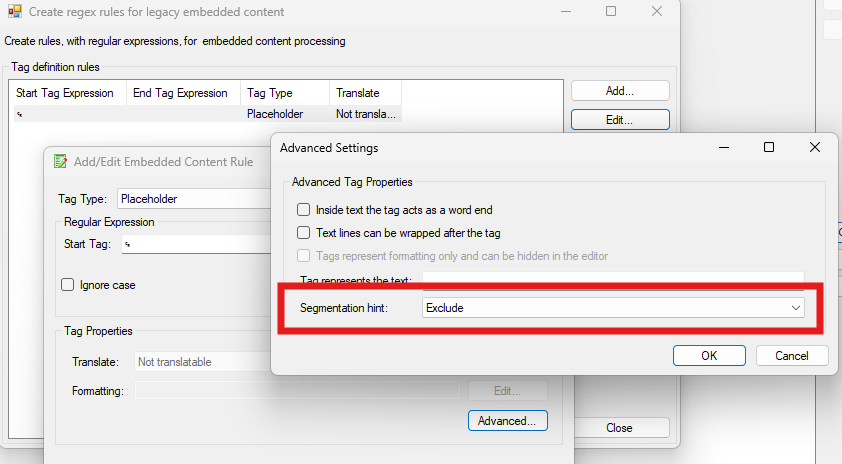 Screenshot of the Trados Studio interface showing the 'Create regex rules for legacy embedded content' window. The 'Advanced Settings' dialog is open with 'Segmentation hint' set to 'Exclude'.