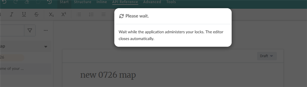 Tridion Docs notification popup saying 'Please wait. Wait while the application administers your locks. The editor closes automatically.'