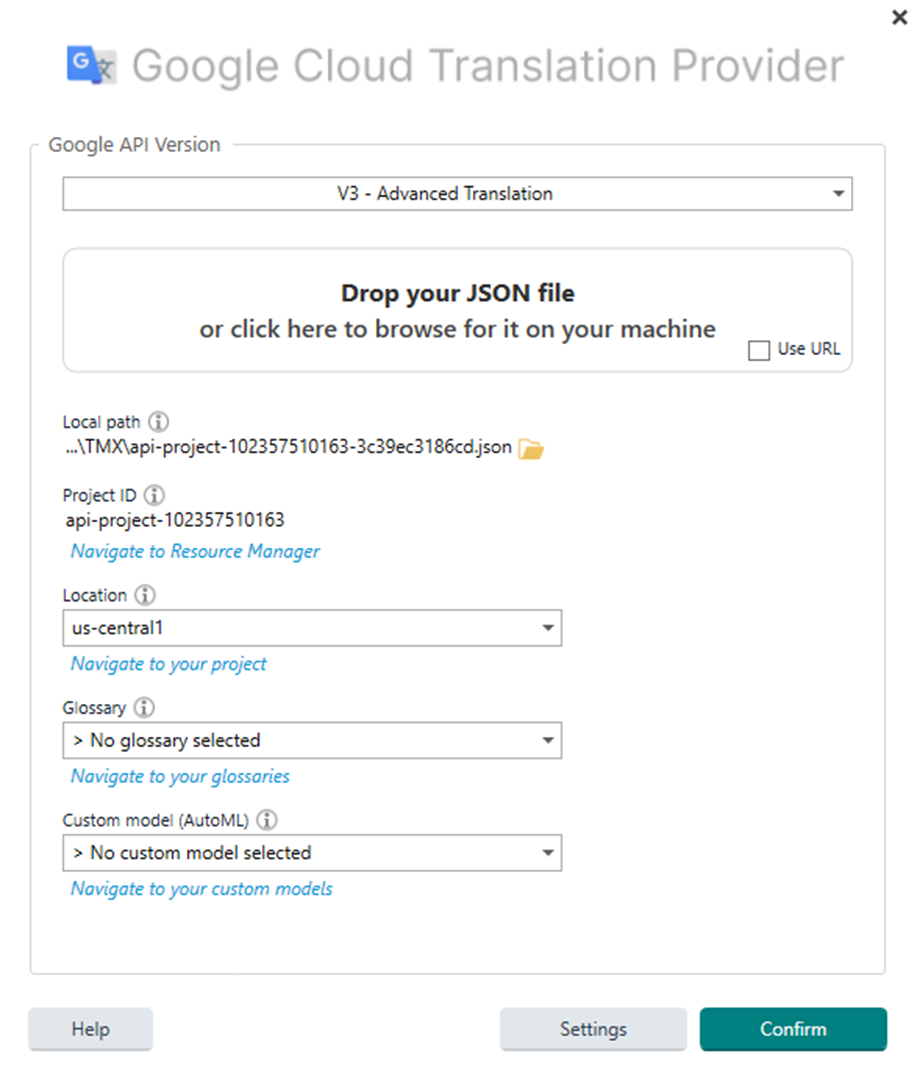 Screenshot of Trados Studio's Google Cloud Translation Provider settings showing options for API version, JSON file upload, Project ID, Location, Glossary, and Custom model.