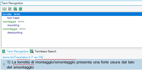 Screenshot of Trados Studio showing Term Recognition panel with 'torretta', 'montaggio', and 'smontaggio' listed but only 'smontaggio' highlighted in the text.