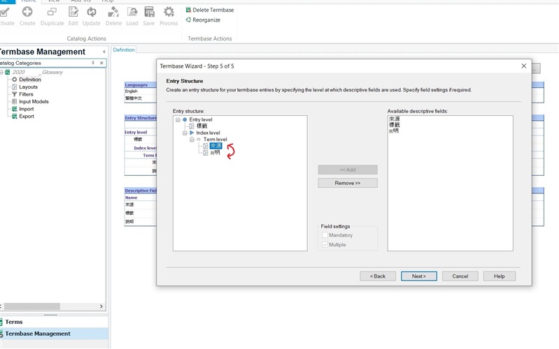 Screenshot of Trados Studio MultiTerm Wizard showing the Entry Structure step with a red arrow pointing to the inability to drag 'Term level' field.