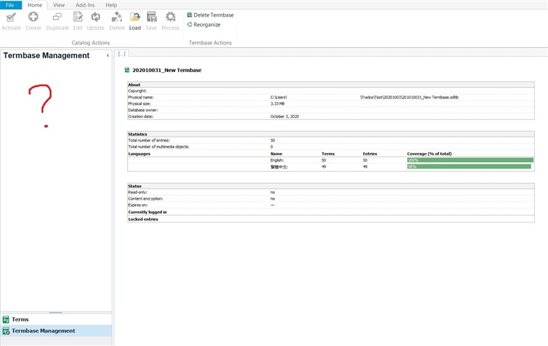 Screenshot of Trados Studio's Termbase Management window with a red question mark indicating confusion. The TermBase Statistics show 50 entries in English and 49 in another language.
