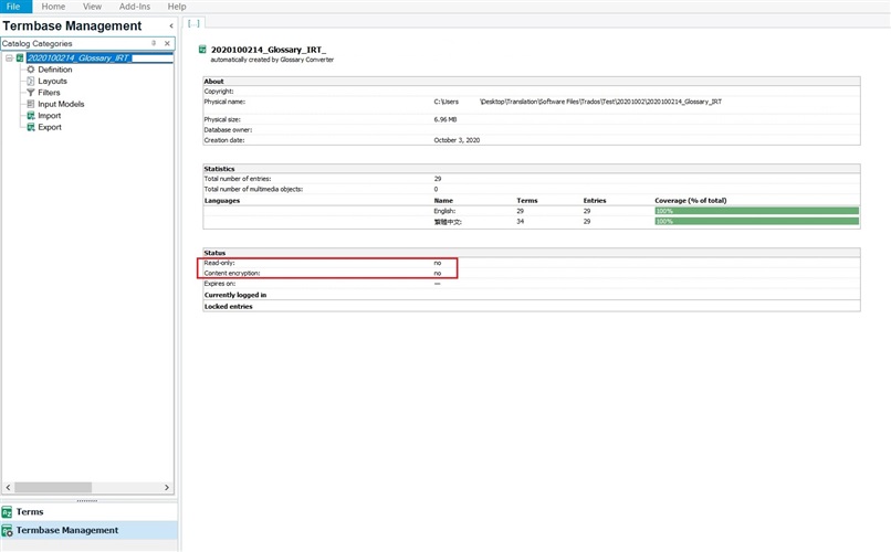 Screenshot of Trados Studio's Termbase Management window showing a selected glossary with details. A red box highlights the 'Status' section indicating 'Content encryption: no' and 'Currently logged in users: no'.