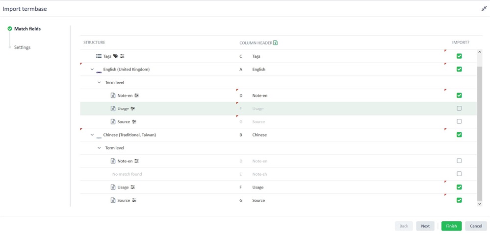 Import termbase window in Trados Live with mismatched fields showing 'Note-en' under both English and Chinese terms and missing 'Note-zh' field.