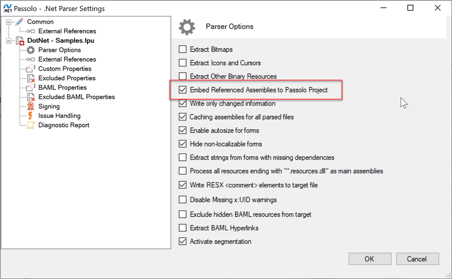 Screenshot of Passolo .Net Parser Settings window with 'Embed Referenced Assemblies to Passolo Project' option highlighted.