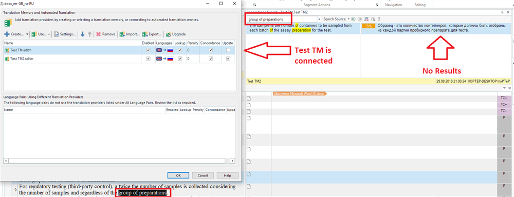 Screenshot of Trados Studio with Test TM connected but concordance search for 'group of preparations' yields no results.