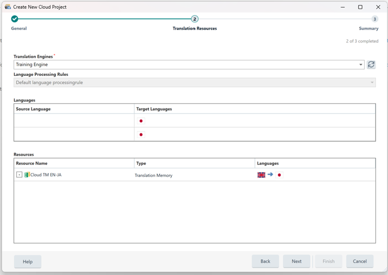 Screenshot of the 'Create New Cloud Project' window in Trados Studio with missing 'Source Language' and a red error indicator next to 'Target Languages'.