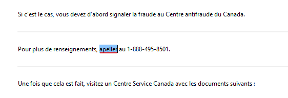 Screenshot of a Word document with text in French about reporting fraud to the Canadian Anti-Fraud Centre, with a missing hyperlink.