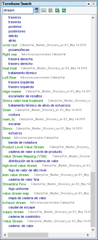 Screenshot of Trados Studio Termbase Search scrolled down showing more relevant terms like 'Product Level Value Stream' closer to the searched term 'stream'.
