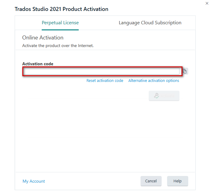 Trados Studio 2021 Product Activation window with an empty 'Activation code' field highlighted, and an 'Activate' button available.