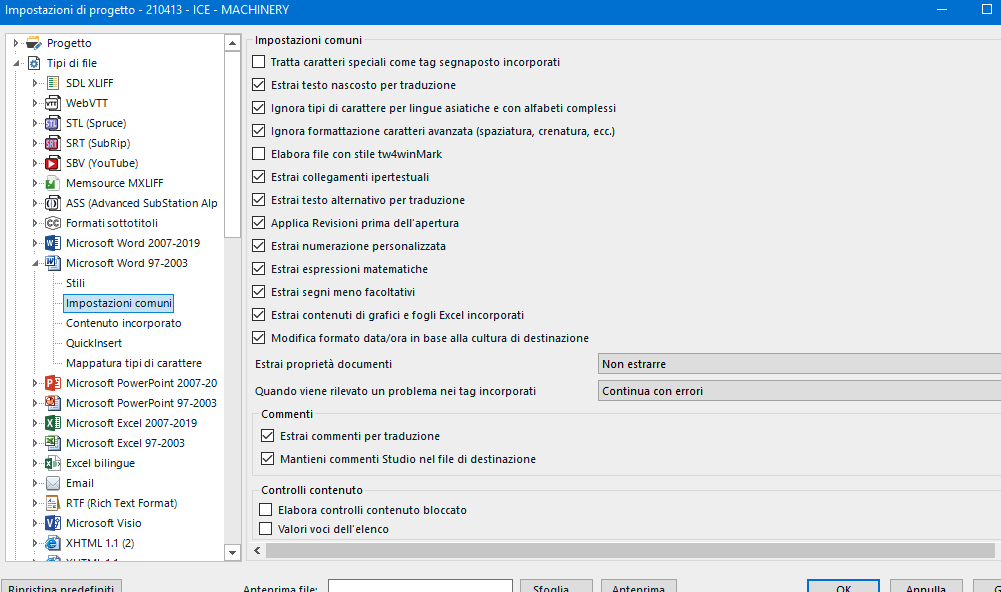 Trados Studio project settings window with options for file types and common settings, including 'Extract all text' checked for Word 2007-2019.
