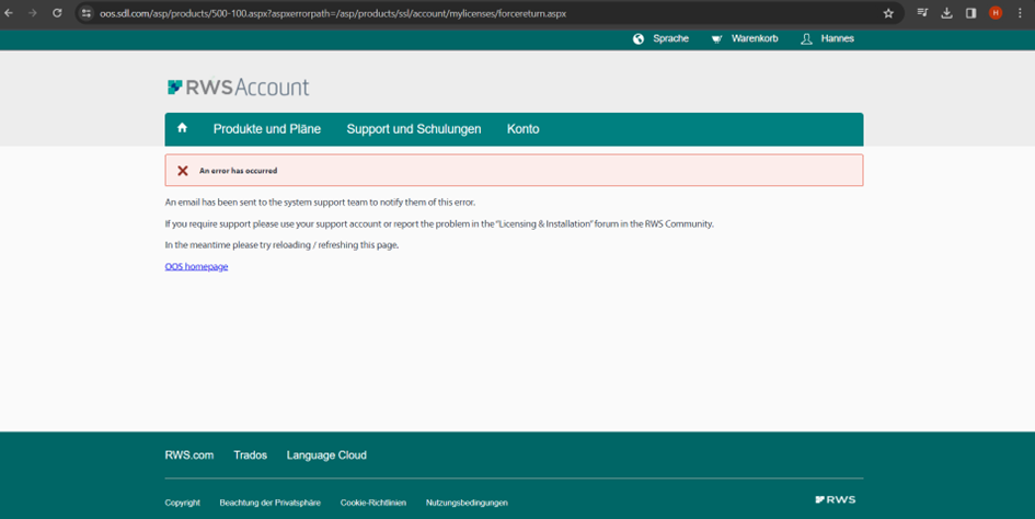 Screenshot of RWS Account page with an error message stating 'An error has occurred' and instructions to reload the page or report the problem in the RWS Community forum.