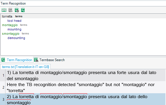 Screenshot of Trados Studio with Term Recognition panel, highlighting 'smontaggio' in the text but missing 'montaggio' and 'torretta'.