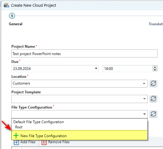 Screenshot of Trados Studio's 'Create New Cloud Project' window with a highlighted 'New File Type Configuration' button.