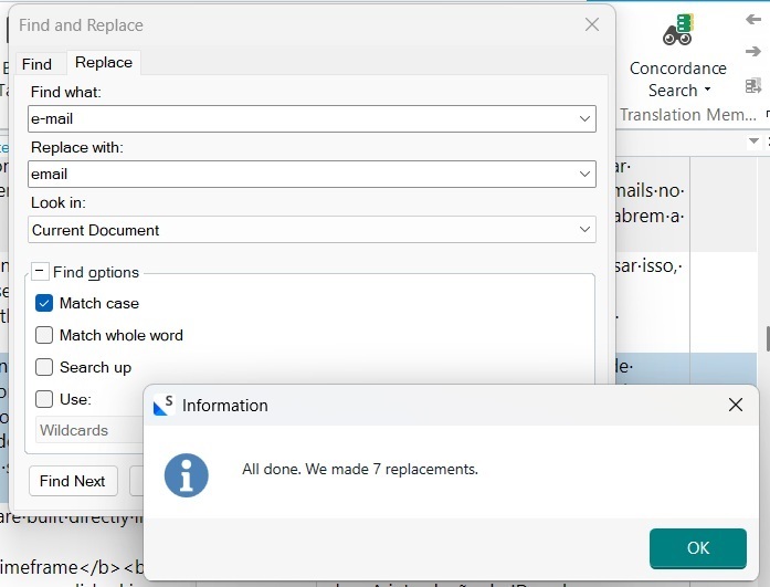 Trados Studio Find and Replace window showing 'e-mail' to be replaced with 'email' and an information message stating 'All done. We made 7 replacements.' with an OK button.
