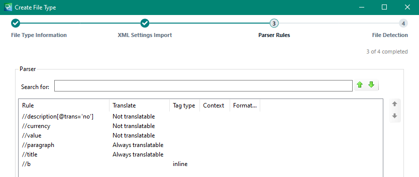 Trados Studio screenshot showing parser rules with a green checkmark indicating successful completion of the step.