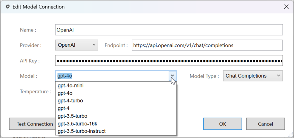 Edit Model Connection window in Trados Studio with dropdown menu open showing various GPT models including gpt-4o-mini, but not gpt-4o-mini fine-tuned model.