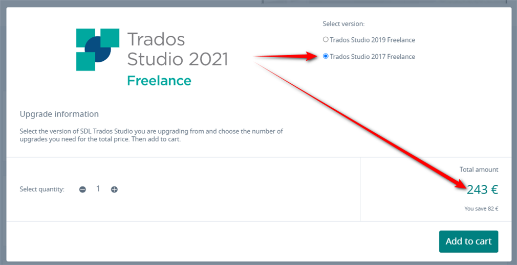 Trados Studio 2021 Freelance upgrade page showing options to select the version being upgraded from, with Trados Studio 2017 Freelance selected, and the total upgrade cost of 243 Euros.
