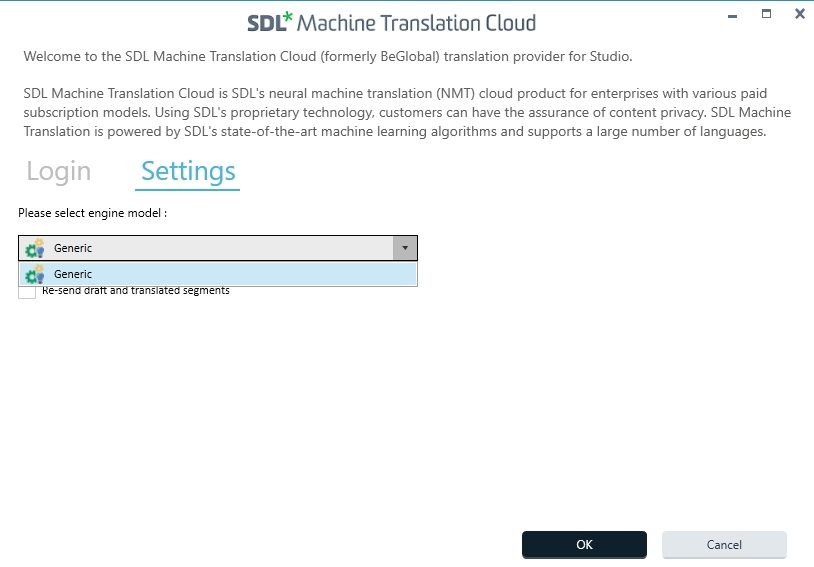 SDL Machine Translation Cloud settings window showing inability to change engine model from 'Generic' with 'Settings' tab highlighted.