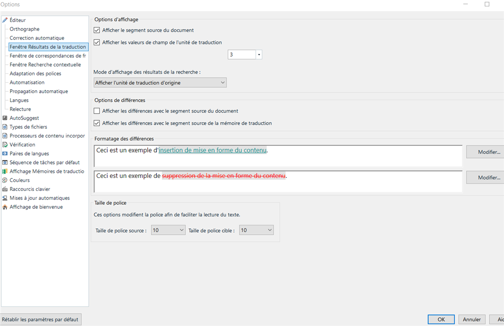 Screenshot of Trados Studio options menu with Translation Results window settings. Text examples show formatting insertion and deletion.